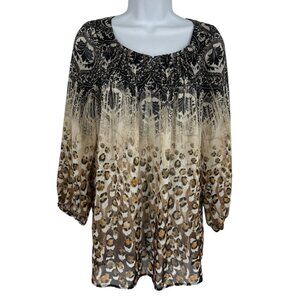 Chico's 3/4 Sleeve Round Neck with Pintuck Button Detail Semi Sheer Blouse Sz M